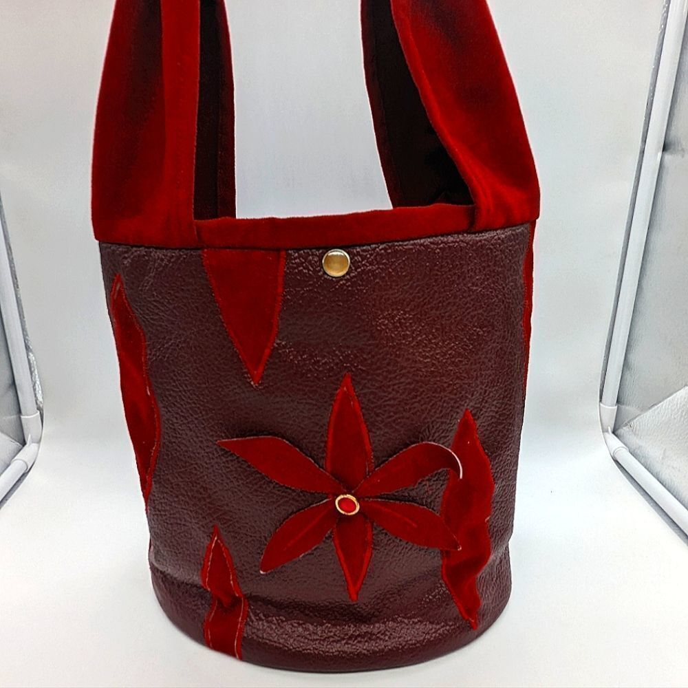 Vintage leather, suede, silk, wood burgundy tote bag from the 80s